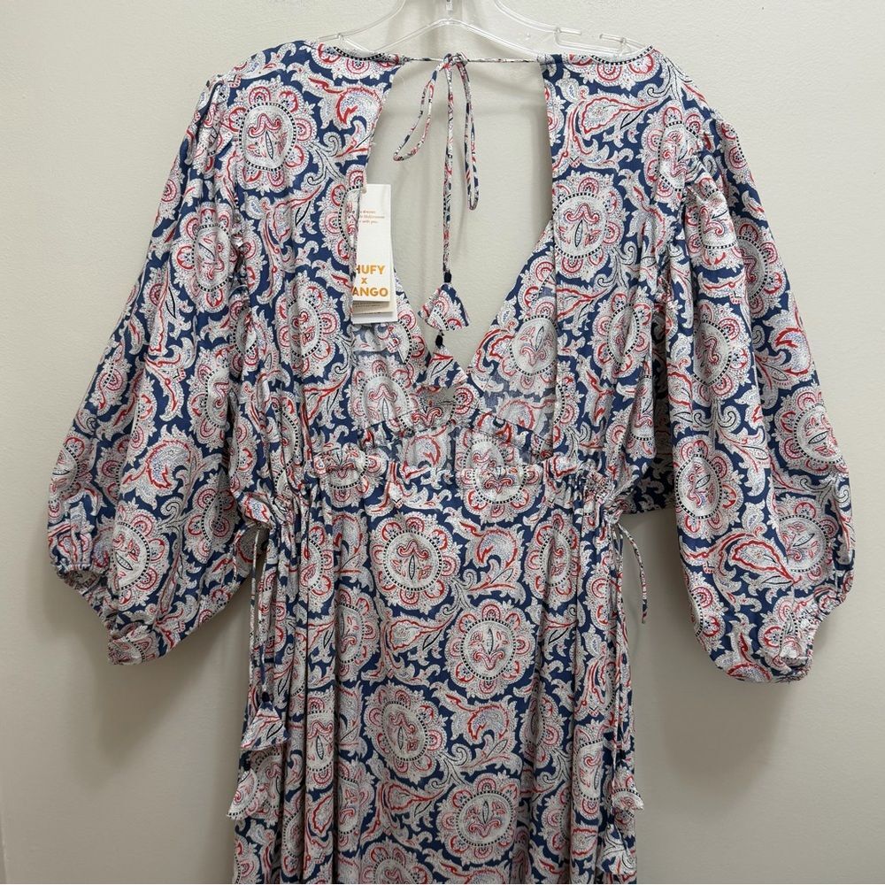 NWT Mango x Chufy Soller Boho Maxi Tiered Dress Puff Sleeve Tassel Blue Red 4 - Picture 11 of 16